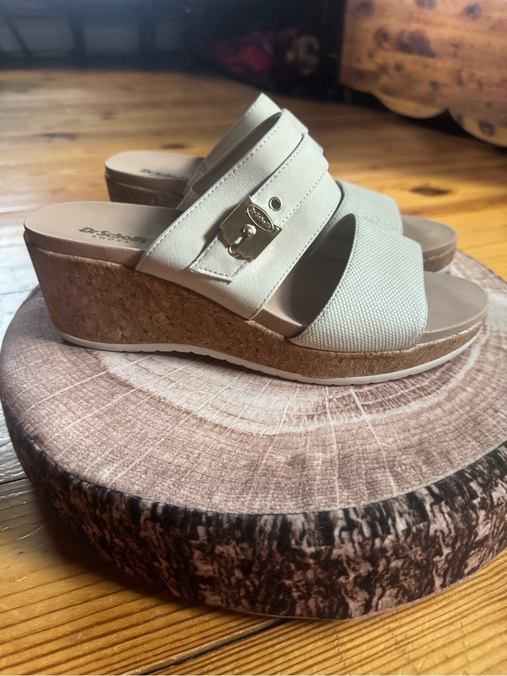 Dr. Scholl's Cream Wedge Slide Sandals with Cork Platform and Gold Buckle